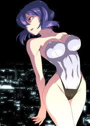 Rule 34 | 1girl, arched back, bare shoulders, breasts, caffein, city, cleavage, covered navel, ghost in the shell, groin, kusanagi motoko, large breasts, leotard, long hair, purple hair, red eyes, solo, thighs