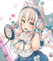Rule 34 | 1girl, :d, absurdres, animal ears, blue bow, blue skirt, blue sleeves, bow, bracelet, breasts, cat ears, cat tail, character name, cleavage, detached sleeves, frilled skirt, frills, green eyes, guild cq, headphones, heart, highres, itou yuna, jewelry, large breasts, looking at viewer, maid headdress, microphone, open mouth, paw print, paw print background, puffy sleeves, short hair, skirt, smile, solo, spiked bracelet, spikes, tail, tail bow, tail ornament, tousaki (tousakiworks), upper body, virtual youtuber, white hair