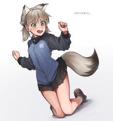 Rule 34 | 10s, 1girl, aki (girls und panzer), animal ears, ankle boots, bad id, bad pixiv id, blue footwear, blue jacket, blue skirt, blush, boots, clenched hands, dutch angle, emblem, full body, girls und panzer, green eyes, grey socks, hair tie, highres, jacket, keizoku military uniform, kemonomimi mode, kneeling, legs, light brown hair, long sleeves, military, military uniform, miniskirt, open mouth, pleated skirt, raglan sleeves, roivas, shadow, short hair, short twintails, skirt, smile, socks, solo, sweatdrop, tail, track jacket, translation request, twintails, uniform, w arms, white background