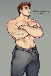 Rule 34 | 1boy, abs, arm hair, bara, boku no hero academia, bulge, chest hair, crossed arms, endeavor (boku no hero academia), english text, facial hair, grey background, grey pants, hairy, highres, keva (liltkeva), large pectorals, male focus, mature male, muscular, muscular male, navel, navel hair, pants, pectorals, red hair, short hair, simple background, solo, topless male