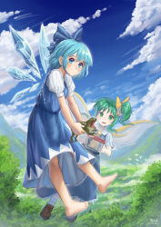 Rule 34 | 2girls, :d, absurdres, barefoot, blue bow, blue dress, blue eyes, blue hair, blue sky, bow, cirno, cloud, daiyousei, dated, dress, frog, full body, green eyes, green hair, guanchuan zhi jiao, hair bow, highres, ice, ice wings, looking at viewer, multiple girls, open mouth, outdoors, puffy short sleeves, puffy sleeves, shirt, short hair, short sleeves, side ponytail, signature, sky, smile, touhou, white shirt, wings