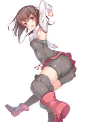 Rule 34 | 1girl, armpits, ass, bike shorts, black thighhighs, blush, breasts, brown eyes, brown hair, hair between eyes, headgear, highres, kantai collection, long sleeves, open mouth, red skirt, shirt, short hair, sideboob, simple background, skirt, small breasts, solo, taihou (kancolle), thighhighs, white background, white shirt, yukishiro arte