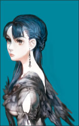 Rule 34 | 1girl, blue background, blue hair, braid, breasts, earrings, female focus, grey eyes, jewelry, long hair, solo, tomatika, wings