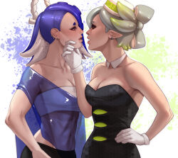 Rule 34 | 2girls, absurdres, annasassiart, bare arms, bare shoulders, black dress, blue hair, breasts, cleavage, commentary, commission, dress, gloves, highres, long hair, marie (splatoon), midriff, multiple girls, nintendo, parted lips, pointy ears, see-through, shawl, shiver (splatoon), small breasts, splatoon (series), splatoon 3, strapless, strapless dress, tube top, upper body, white background, white gloves
