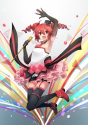 Rule 34 | 1girl, arm up, armpits, belt, black shorts, black thighhighs, bow, detached collar, dress bow, drill hair, elbow gloves, frilled skirt, frills, garter straps, gloves, hat, highres, holding, holding staff, jumping, kasane teto, katai uji, legs up, looking at viewer, microphone, mini hat, necktie, open mouth, outstretched hand, party popper, pink skirt, promotional art, red hair, red necktie, shirt, shoes, short hair, short necktie, shorts, shorts under skirt, skirt, smile, solo, staff, thigh strap, thighhighs, triangle, twin drills, utau, white shirt, zettai ryouiki