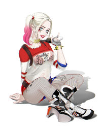 Rule 34 | 1girl, absurdres, baseball bat, batman (series), blonde hair, blue eyes, blue hair, boots, breasts, colored tips, dc comics, dccu, fishnet pantyhose, fishnets, harley quinn, high heel boots, high heels, highres, lipstick, long hair, makeup, matching hair/eyes, multicolored hair, pantyhose, short shorts, shorts, sitting, solo, suicide squad, twintails, weapon