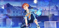 Rule 34 | 1boy, afterl!fe, brown eyes, fire, june (afterl!fe), male focus, moon, night, night sky, official art, open mouth, orange hair, scowl, second-party source, short hair, sky, solo, star (sky), starry sky, teeth