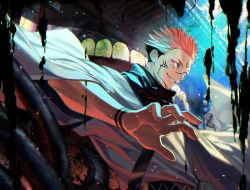 Rule 34 | 1boy, black hair, black scarf, extra eyes, facial tattoo, grin, highres, japanese clothes, jujutsu kaisen, kimono, looking at viewer, male focus, noes, open hand, pink hair, red eyes, ryoumen sukuna (jujutsu kaisen), scarf, short hair, smile, solo, spiked hair, tattoo, undercut, upper body, white kimono, wide sleeves