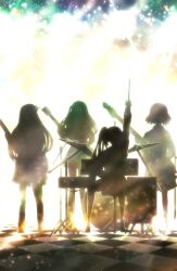 Rule 34 | 4girls, arm up, bad id, bad twitter id, bass guitar, bocchi the rock!, commentary, concert, drum, drum set, drumsticks, electric guitar, from behind, gotoh hitori, guitar, harada miyuki, highres, holding, holding drumsticks, holding instrument, ijichi nijika, instrument, kita ikuyo, light particles, light rays, long hair, medium hair, microphone, microphone stand, multicolored background, multiple girls, ponytail, see-through, short hair, side ponytail, silhouette, sitting, skirt, sparkle, sparkle background, speaker, stage, stage lights, standing, tile floor, tiles, very long hair, yamada ryo