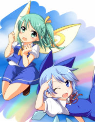 Rule 34 | 1girl, ;d, ahoge, ascot, blue eyes, blue hair, cirno, collared shirt, daiyousei, dress, fairy wings, fist pump, flying, green eyes, green hair, ice, ice wings, looking at viewer, messy hair, nitizyo, one eye closed, open mouth, rainbow, shirt, short hair, side ponytail, skirt, skirt set, smile, touhou, tsurime, vest, wings