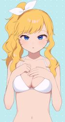 Rule 34 | 1girl, bare arms, bare shoulders, bikini, blonde hair, blue background, blue eyes, blush, breasts, chiyoko (tykchiyo), cleavage, collarbone, commentary request, hair ornament, highres, idolmaster, idolmaster cinderella girls, long hair, looking at viewer, medium breasts, navel, ohtsuki yui, open mouth, ponytail, ribbon, simple background, solo, swimsuit, upper body, wavy hair, white bikini, white ribbon