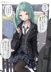 Rule 34 | 1girl, absurdres, artist name, bag, black jacket, black necktie, black pantyhose, blazer, blush, brown eyes, buttons, cardigan, collared shirt, commentary request, diagonal-striped clothes, diagonal-striped necktie, fangs, green hair, grey cardigan, grey skirt, hamigakikoice, highres, holding, holding bag, instrument case, jacket, long hair, long sleeves, necktie, open mouth, original, outdoors, pantyhose, plaid, plaid skirt, pleated skirt, road, school bag, school uniform, shirt, skirt, solo, speech bubble, striped clothes, thick eyebrows, translation request, twitter username, watermark, white shirt, winter uniform