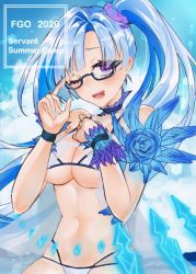 Rule 34 | 1girl, :d, adjusting eyewear, bespectacled, bikini, black-framed eyewear, blue flower, blue hair, blue rose, blue sky, blush, breasts, brynhildr (fate), brynhildr (swimsuit berserker) (fate), brynhildr (swimsuit berserker) (first ascension) (fate), cleavage, cloud, commentary request, fate/grand order, fate (series), flower, glasses, highres, large breasts, long hair, looking at viewer, mixed-language commentary, nail polish, one eye closed, open mouth, purple eyes, rose, semi-rimless eyewear, side ponytail, sim7u (knimete), sky, smile, solo, swimsuit, under-rim eyewear, underboob, very long hair, white bikini, wristband