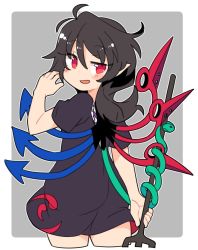 Rule 34 | 1girl, :d, antenna hair, arm up, asymmetrical wings, black dress, black hair, black outline, blue wings, blush, blush stickers, border, contrapposto, cowboy shot, cropped legs, dress, eyes visible through hair, from behind, grey background, holding, holding weapon, houjuu nue, ini (inunabe00), looking at viewer, looking back, medium hair, no pupils, open mouth, outline, outside border, pointy ears, polearm, red eyes, red wings, rounded corners, see-through silhouette, short dress, short sleeves, sideways glance, smile, snake, solo, touhou, trident, two-tone background, uneven eyes, weapon, white border, white outline, wings
