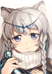 Rule 34 | 1girl, :o, animal ear fluff, animal ears, arknights, braid, commentary request, grey eyes, grey hair, hair between eyes, highres, holding, jewelry, leopard ears, long hair, looking at viewer, portrait, pramanix (arknights), simple background, solo, turtleneck, twin braids, white background, yasume yukito