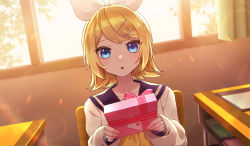 Rule 34 | 1girl, backlighting, black sailor collar, blonde hair, blue eyes, box, chair, commentary, curtains, desk, envelope, fang, gift, gift box, hair ornament, hair ribbon, hairclip, hands up, heart, highres, holding, holding gift, indoors, kagamine rin, letter, long sleeves, looking at viewer, love letter, on chair, parted lips, puffy long sleeves, puffy sleeves, ribbon, sailor collar, school chair, school desk, shirt, sleeves past wrists, solo, soramame pikuto, sunlight, upper body, vocaloid, white ribbon, white shirt, window, x hair ornament