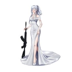Rule 34 | 1girl, absurdres, ak-12, ak-12 (girls&#039; frontline), alternate costume, assault rifle, breasts, cleavage, closed eyes, closed mouth, clothes lift, collarbone, commentary, crush kim, dress, dress lift, elbow gloves, english commentary, full body, girls&#039; frontline, gloves, gun, hair ornament, high heels, highres, holding, holding gun, holding weapon, kalashnikov rifle, long hair, medium breasts, parted lips, partially fingerless gloves, ponytail, silver hair, smile, solo, standing, weapon, wedding dress, white background, white dress, white footwear, white gloves