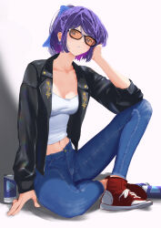 Rule 34 | 1girl, a-chan (hololive), alternate breast size, alternate costume, black-framed eyewear, black jacket, blue bow, blue eyes, blue pants, blush, bow, breasts, can, cleavage, cohi27151463, commentary, cross-laced footwear, denim, earrings, elbow on knee, full body, glasses, hair bow, head rest, highres, hololive, jacket, jeans, jewelry, knee up, leather, leather jacket, looking at viewer, medium breasts, midriff, navel, open clothes, open jacket, orange-tinted eyewear, pants, parted lips, purple hair, red footwear, shirt, shoes, short hair, sitting, solo, tinted eyewear, translated, triangle earrings, virtual youtuber, white background, white shirt