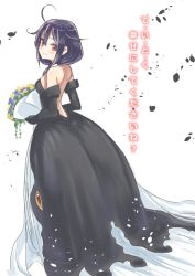 Rule 34 | 10s, 1girl, ahoge, bare back, bare shoulders, black dress, black gloves, bouquet, dress, elbow gloves, flower, gloves, jpeg artifacts, kantai collection, looking at viewer, looking back, purple hair, red eyes, sensen, smile, solo, taigei (kancolle), translation request, wedding dress, whale, white background