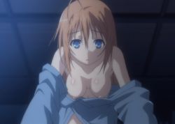 Rule 34 | 1girl, ahoge, bare shoulders, blue eyes, blush, breasts, hanging breasts, highres, konoe subaru, long hair, looking at viewer, mayo chiki!, nipples, no bra, open clothes, orange hair, parted lips, screencap, solo, stitched, third-party edit