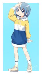 1girl, absurdres, alternate costume, blue background, blue eyes, blue hair, blue hoodie, border, casual, closed mouth, converse, cross-laced footwear, dot nose, eyebrows visible through hair, eyes visible through hair, flat chest, full body, hair ornament, hairclip, hand on own head, hand up, highres, hood, hood down, hoodie, jewelry, legs apart, light blush, looking at viewer, mahou shoujo madoka magica, miki sayaka, multicolored, multicolored hoodie, rilafm345, ring, shiny, shiny hair, shoes, short hair, signature, simple background, smile, sneakers, socks, solo, standing, striped, striped hoodie, striped legwear, white border, white legwear, yellow hoodie