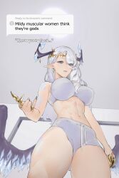 Rule 34 | 1girl, abs, absurdres, blue eyes, bra, breasts, claw ring, commentary, commission, dragon girl, dragon horns, dragon wings, earrings, english commentary, english text, from below, grey bra, grey hair, grey shorts, highres, horns, indie virtual youtuber, jewelry, large breasts, long hair, long pointy ears, looking at viewer, looking down, meme, midriff, mildly muscular women think they&#039;re gods (meme), mole, mole under eye, navel, noe pun, open hand, parted lips, pointy ears, scales, second-party source, shorts, solo, toned, underwear, valentina chisei, virtual youtuber, wings