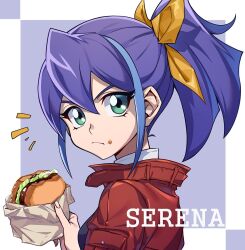Rule 34 | 1girl, bow, burger, character name, closed mouth, food, food on face, from side, green eyes, hair between eyes, hair bow, holding, holding food, jacket, looking at viewer, open clothes, open jacket, pira 811, ponytail, purple hair, red jacket, serena (yu-gi-oh!), simple background, solo, upper body, yellow bow, yu-gi-oh!, yu-gi-oh! arc-v