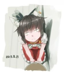 Rule 34 | 1girl, animal ears, bow, brown eyes, brown hair, cat ears, cat tail, chen, dated, earrings, frills, jewelry, kabu (yuyuibob), looking at viewer, multiple tails, simple background, solo, striped, striped background, tail, touhou