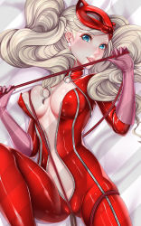 Rule 34 | 1girl, artist request, blue eyes, blush, bodysuit, breasts, cameltoe, cleavage, covered erect nipples, highres, licking, lying, mask, on back, persona, persona 5, solo, spread legs, tagme, takamaki anne, tongue, tongue out, whip