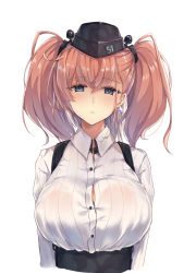 Rule 34 | 1girl, :o, arms at sides, atlanta (kancolle), black hat, blue eyes, blush, breasts, brown hair, cleavage, collared shirt, commentary request, corset, cropped torso, earrings, garrison cap, half-closed eyes, hat, jewelry, kantai collection, large breasts, long hair, long sleeves, parted lips, shirt, solo, star (symbol), star earrings, twintails, two side up, upper body, white shirt, yuemanhuaikong