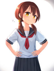 Rule 34 | 1girl, bad id, bad pixiv id, blue skirt, brown eyes, brown hair, hands on own hips, highres, hoshizora ayase, long hair, low twintails, original, sailor collar, school uniform, serafuku, simple background, skirt, smile, solo, twintails, uniform, white background