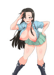 Rule 34 | 1girl, aoshidan school uniform, black footwear, black hair, blush, boots, breasts, breasts out, brown eyes, cleavage, embarrassed, fan no hitori, girls und panzer, green skirt, hand on own hip, hanging breasts, highres, large breasts, long hair, nipples, nishi kinuyo, no bra, open mouth, panties, pantyshot, salute, school uniform, shiny skin, skirt, smile, solo, standing, sweat, underwear, white panties