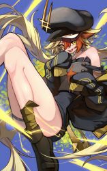 Rule 34 | 1girl, absurdres, alchemy stars, bare legs, bare shoulders, black hat, blonde hair, electricity, fang, gronru (alchemy stars), hair between eyes, hat, highres, huge filesize, killert 0401, legs, long hair, long sleeves, looking at viewer, multicolored hair, orange hair, shoes, sleeves past fingers, sleeves past wrists, smile, solo, strap slip, symbol-shaped pupils, thigh strap, thighs, twintails, very long hair, yellow eyes