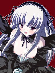 Rule 34 | 00s, 1girl, bare shoulders, blush, breasts, clothes pull, dress pull, large breasts, long hair, long sleeves, nipples, open mouth, pale skin, pink eyes, red background, ribbon, rozen maiden, shinshin, silver hair, simple background, solo, suigintou, wings