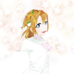 Rule 34 | 1girl, a song for you! you? you!, adjusting hair, artist name, artist request, belt, blue eyes, blush, breasts, buttons, collarbone, female focus, flower, flower print, hair between eyes, hair flower, hair ornament, kosaka honoka, leaf hair ornament, long hair, looking at viewer, love live!, love live! school idol festival, love live! school idol project, miniskirt, neckerchief, orange hair, parted lips, pink neckerchief, plaid, plaid skirt, pleated, pleated skirt, sailor collar, shirt, short ponytail, short sleeves, side ponytail, skirt, small breasts, smile, solo, sunflower, white belt, white sailor collar, white shirt, white skirt, yellow flower