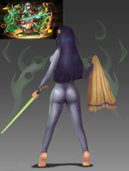 Rule 34 | 1girl, acala (p&amp;d), ass, barefoot, blackknight23, feet, female focus, from behind, full body, hair ornament, legs, legs apart, long hair, purple hair, puzzle &amp; dragons, reference, soles, solo, standing, sword, thighs, weapon