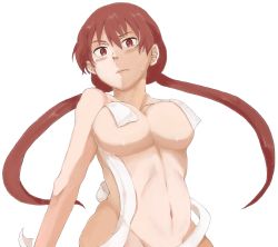 Rule 34 | 1girl, artist request, blush, breasts, cleavage, from below, large breasts, long hair, looking at viewer, musujime awaki, navel, nude, red eyes, red hair, solo, toaru majutsu no index, twintails