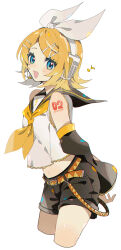 Rule 34 | 1girl, arm tattoo, arms behind back, black sailor collar, black shorts, blonde hair, blue eyes, bow, detached sleeves, hair bow, hair ornament, hairclip, headphones, highres, kagamine rin, kawasaki (kwsk 8765), light blush, looking at viewer, musical note, navel, neckerchief, number tattoo, open mouth, sailor collar, shirt, short hair, shorts, simple background, sleeveless, sleeveless shirt, smile, solo, swept bangs, tattoo, upper body, vocaloid, white background, white bow, white shirt, yellow neckerchief