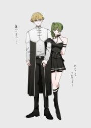 Rule 34 | 1boy, 1girl, arm strap, arms behind back, black dress, black footwear, black pants, blonde hair, boots, collarbone, commentary request, dress, full body, glasses, grabbing another&#039;s arm, green hair, highres, jitome, land (sousou no frieren), long sleeves, looking at another, o-ring, pants, parted lips, pleated dress, purple eyes, shirt, short hair, side ponytail, simple background, sousou no frieren, standing, thigh strap, translation request, ubel (sousou no frieren), white background, white shirt, yasato83