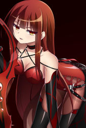 Rule 34 | 1girl, armpits, bent over, breasts, cleavage, crimson avenger (elsword), elesis (elsword), elsword, highres, holding, holding weapon, long hair, medium breasts, red hair, sword, weapon, yellow eyes, zetsuei (zetto)