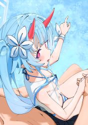 Rule 34 | 1boy, 1girl, absurdres, bare shoulders, bikini, blue archive, blue hair, blue sailor collar, blush, breasts, chise (blue archive), chise (swimsuit) (blue archive), flower, hair flower, hair ornament, halo, highres, hizikit, horns, long hair, looking at viewer, navel, oni horns, open mouth, pointing, red eyes, red horns, sailor collar, side ponytail, small breasts, solo focus, striped bikini, striped clothes, swimsuit, very long hair