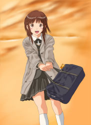 Rule 34 | 1girl, amagami, bag, brown eyes, charm (object), coat, commentary request, grey coat, keisuke (0320030103200301), kibito high school uniform, kneehighs, long sleeves, medium hair, open clothes, open coat, open mouth, sakurai rihoko, school bag, school uniform, smile, socks, solo, white socks