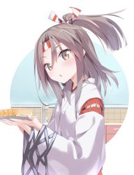 Rule 34 | 1girl, :o, absurdres, blush, brown eyes, commentary request, food, hachimaki, hair ribbon, headband, highres, holding, holding food, indoors, japanese clothes, kantai collection, kitchen, light brown hair, long hair, looking at viewer, natsuki (gedo), omelet, open mouth, ponytail, ribbon, solo, tamagoyaki, upper body, white background, zuihou (kancolle)