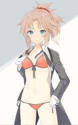 Rule 34 | 1girl, bikini, blonde hair, breasts, closed mouth, cowboy shot, eka eri, fate/grand order, fate (series), front-tie bikini top, front-tie top, gloves, green eyes, grey background, jacket, jacket over swimsuit, looking at viewer, medium breasts, medium hair, mordred (fate), mordred (fate/apocrypha), mordred (formal dress) (fate), mordred (swimsuit rider) (first ascension) (fate), ponytail, red bikini, side-tie bikini bottom, simple background, solo, swimsuit, two-tone background, white background, white gloves