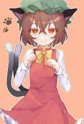 Rule 34 | 1girl, animal ear fluff, animal ears, bow, bowtie, brown hair, cat ears, cat tail, chen, closed mouth, commentary request, cowboy shot, crossed bangs, dress, earrings, flat chest, fuua (fxae3875), gold trim, green hat, hair between eyes, hands up, hat, highres, jewelry, light blush, light smile, long sleeves, looking at viewer, mob cap, multiple tails, nekomata, outline, paw pose, petticoat, pink background, red dress, red eyes, short hair, single earring, solo, tail, touhou, two tails, white outline, yellow bow, yellow bowtie