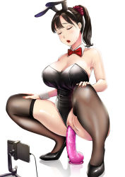 Rule 34 | 1girl, animal ears, bare shoulders, black footwear, black hair, black hairband, black thighhighs, bow, bowtie, breasts, cellphone, censored, cleavage, clothing aside, detached collar, dildo, dildo riding, facing viewer, fake animal ears, female masturbation, hair ornament, hair scrunchie, hairband, hands on own knees, high heels, highres, large breasts, leotard, leotard aside, masturbation, medium hair, mosaic censoring, nail polish, neko neko koneko, object insertion, open mouth, original, paid reward available, phone, playboy bunny, ponytail, pussy, rabbit ears, recording, red bow, red bowtie, red nails, red scrunchie, reflection, scrunchie, sex toy, simple background, smartphone, solo, spread legs, squatting, strapless, strapless leotard, sweat, thighhighs, vaginal, vaginal object insertion, white background, wrist cuffs