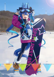 Rule 34 | 1girl, absurdres, ahoge, animal ears, arm up, black legwear, black nails, blue hair, blurry, blurry background, blurry foreground, boots, closed eyes, full body, goggles, goggles on head, highres, hood, hood down, hoodie, horse ears, horse girl, horse tail, lens flare, long hair, long sleeves, nail polish, open mouth, outdoors, smile, snow, snowboard, solo, standing, string of flags, stuffed animal, stuffed rabbit, stuffed toy, tail, teeth, twin turbo (umamusume), umamusume, upper teeth only, xiu kukkii, yellow footwear