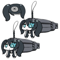 Rule 34 | 10s, 1girl, :t, arm cannon, black hair, black rock shooter, black rock shooter (character), blue eyes, cellphone charm, cellphone strap, chan co, charm (object), chibi, glowing, glowing eyes, jacket, charm (object), multiple views, pale skin, pout, twintails, uneven twintails, vocaloid, weapon, zipper