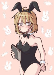 Rule 34 | 1girl, animal ears, bandaid, bandaid on face, black bow, black bowtie, black leotard, book, bow, bowtie, breasts, brown hair, cleavage, cowboy shot, detached collar, highres, kantai collection, leotard, looking at viewer, medium breasts, oboro (kancolle), pink background, playboy bunny, purple eyes, rabbit ears, rabbit tail, short hair, solo, strapless, strapless leotard, tail, tatahai, wrist cuffs