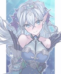 Rule 34 | 1girl, blue dress, blue eyes, blush, breasts, collarbone, detached sleeves, dress, duel monster, fins, grey hair, head fins, large breasts, long hair, looking at viewer, nw 0925, siren (mythology), sleeves past wrists, smile, solo, tearlaments kitkallos, tiara, very long sleeves, yu-gi-oh!